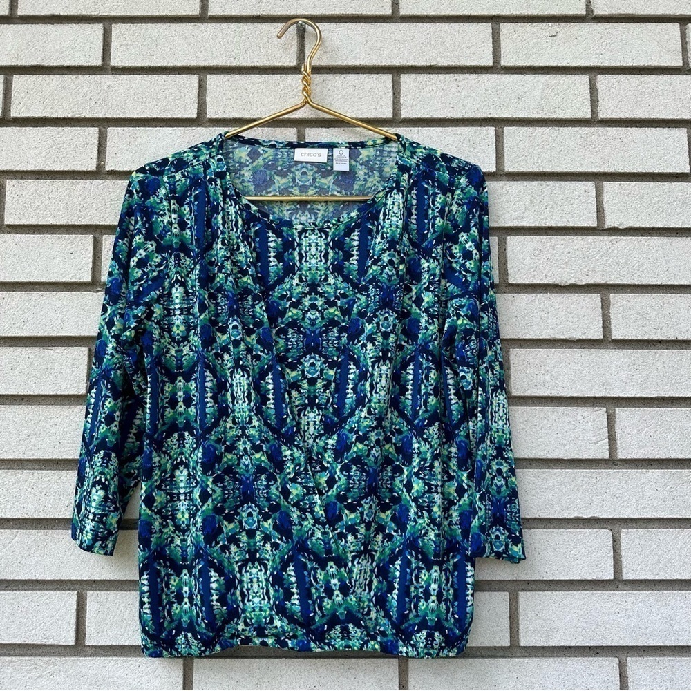 Chico’s Blue Green Geometric Three Quarter Sleeve‎ Overlay Knit Wrap Top